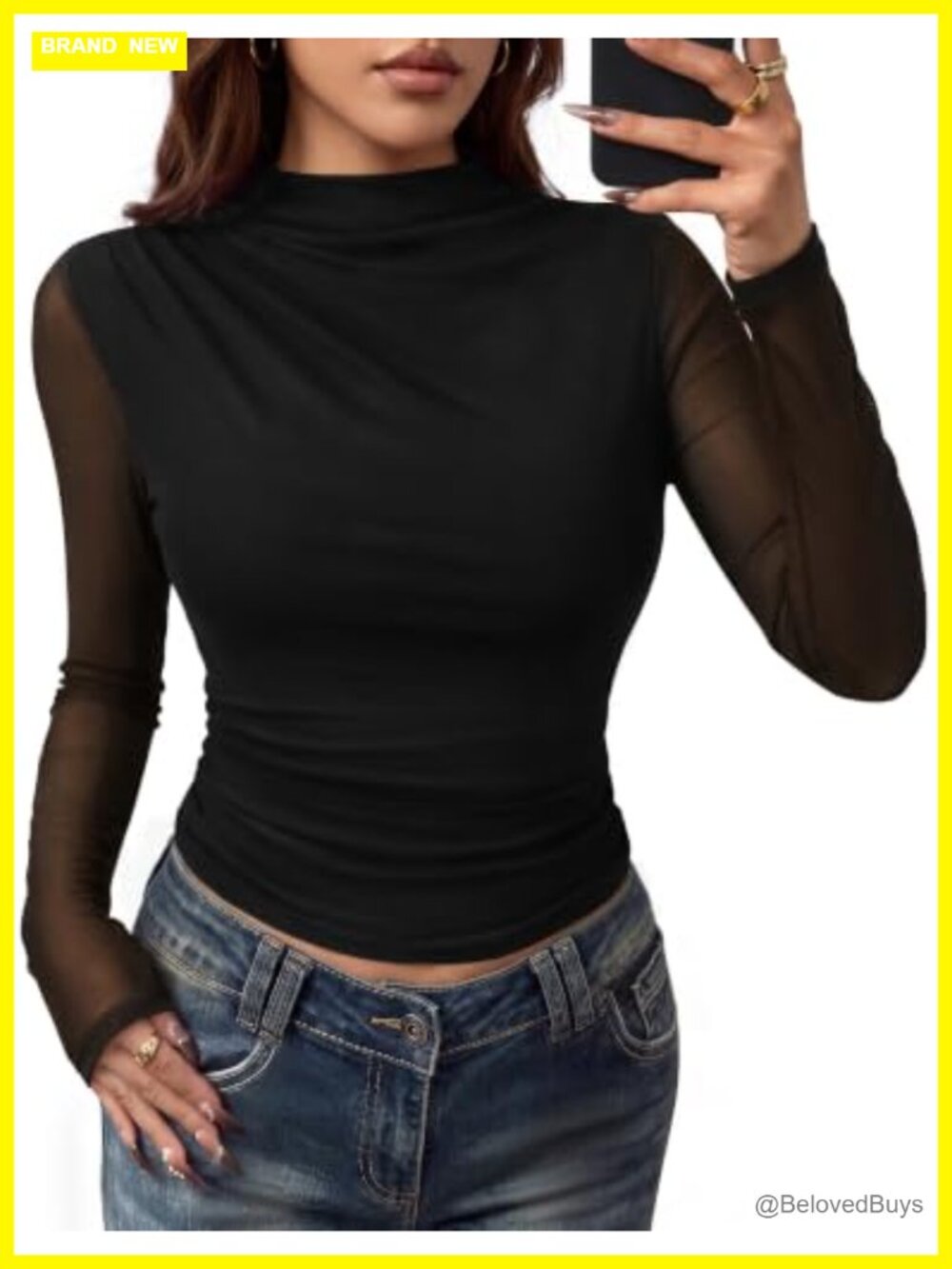 Women's Mesh Long Sleeve Mock Neck Slim Fit Blouse for Work Party